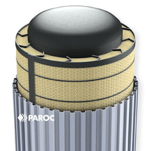 Pressure vessel insulated with PAROC Pro Wired Mat, fixed with steel bands